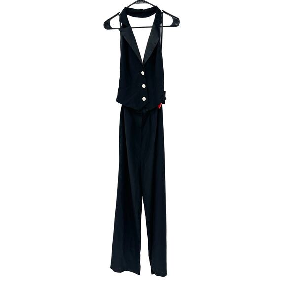 Mac Duggal 2643 Jet Black Tuxedo Halter Sleeveless Wide Leg Jumpsuit Size 2 NWT - Picture 3 of 6